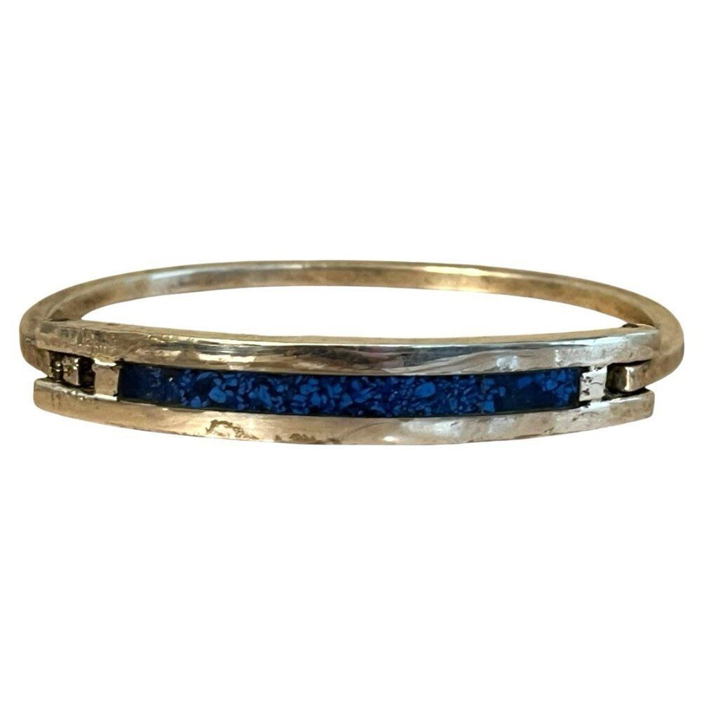 Vintage Alpaca Mexico Silver Crushed Blue Lapiz Inlay Hinged Bracelet One Size - Picture 2 of 7